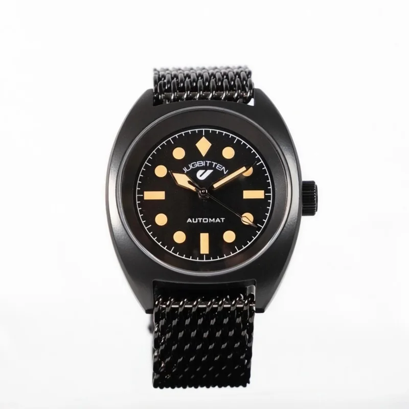 Black Jugbitten °363 Kuro Cerakote 39 mm automatic watch on a black mesh bracelet