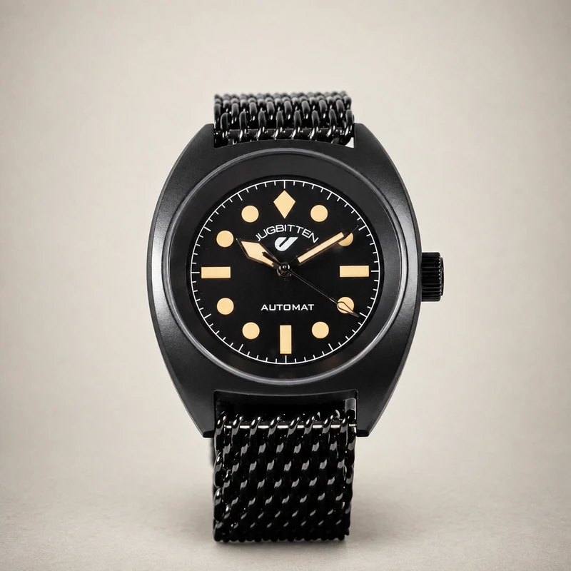 Musta Jugbitten °363 Kuro Cerakote 39 mm -automaattikello mustalla verkkorannekkeella